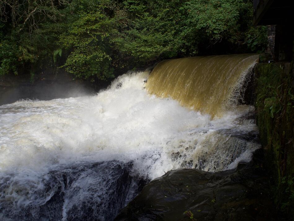 Brown water flowing over a waterfall into a pool of white spray.