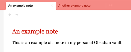 A screenshot of a note and the top bar in my personal vault. The top bar has a red tint, and the title of the note is a matching shade of red. The note text is in a serif font (Geneva).